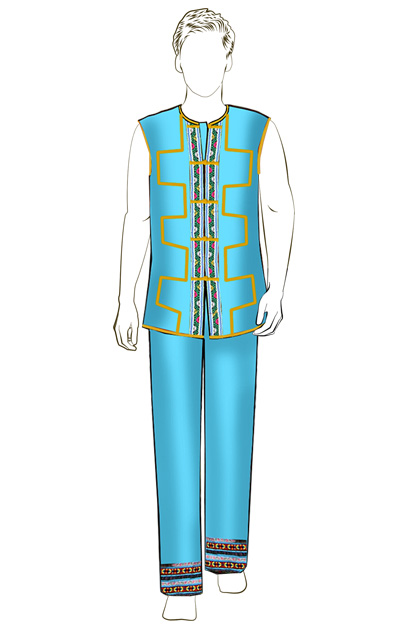 海南傳統(tǒng)黎族服飾男式藍(lán)色無(wú)袖上衣+藍(lán)色長(zhǎng)褲方案設(shè)計(jì)