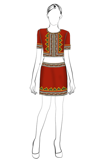 海南傳統(tǒng)黎族服飾女式紅色短上衣+短裙方案設計